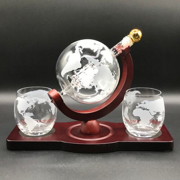 World Globe Liquor Decanter Set with Handmade Ship and 2 Barware Glasses 850 ML - Picture 8 of 14
